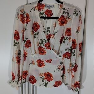 Crave Fame Almost Famous Flower Blouse Cream/Red/Orange Size Small